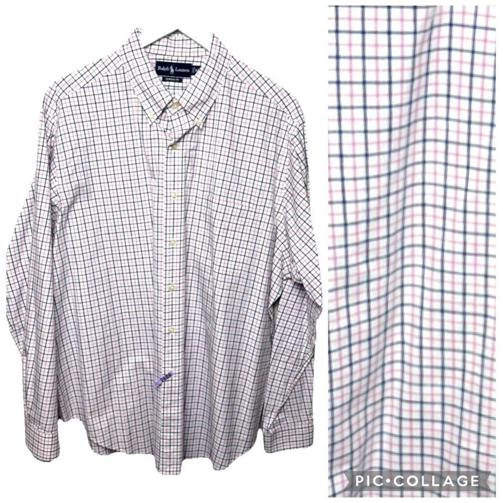 Ralph Lauren Shirt Mens 2XL Pink Gingham Plaid Classic Fit Button Down Up Spring